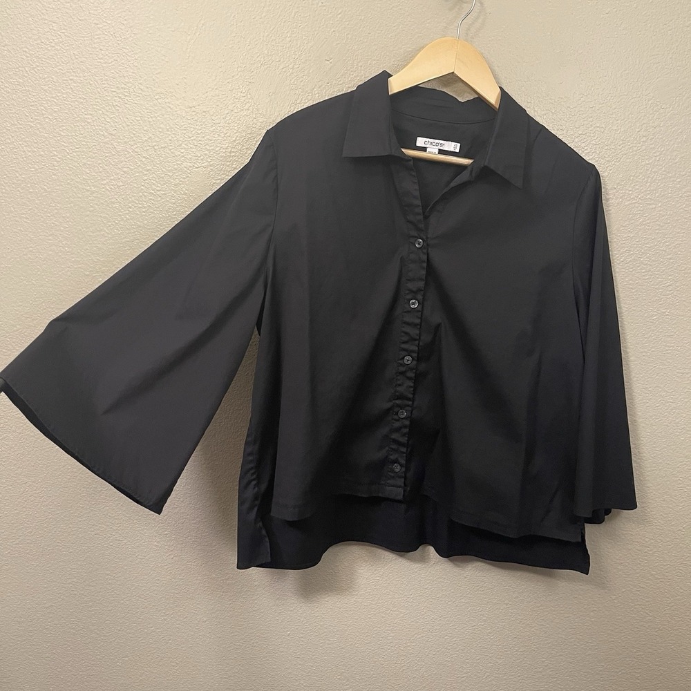 Chicos Black Button Up‎ Shirt Flare 3/4 Sleeve High Low Minimalist Staple Sz 14